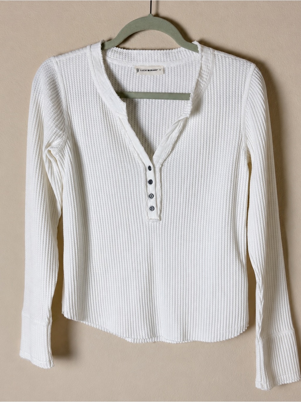 Lucky Brand Waffle Knit Henley Top Small Cream/Ivory Long Sleeve